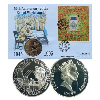5 Доларів, Соломонові Острови, 1995 рік. Кінець Другої світової війни із обкладинкою першого дня. Законний платіжний засіб (50009)