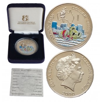 1 долар, Соломонові острови, 2000 - "Олімпійські ігри 2000 року в Сіднеї - Плавання". У коробці із сертифікатом. Законний платіжний засіб (50230)